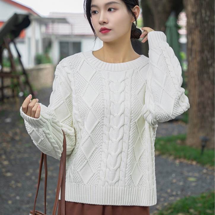 トップス ニットソー セーター 袖あり 長袖 ラウンドネック リブ ケーブルニット かわいい 大人可愛い きれいめ シンプル カジュアル 大人 上品 おしゃれ お洒落 レトロ 大人可愛い 大人女子 こ