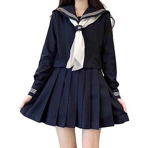 コスパ最高 即納 セーラー服 紺色 女子高生 3点セット ハロウィン 仮装 制服 コスチューム 長袖 前開き 上下セット プリーツスカート 人気 女子制服 本格制服 紺三本 文化祭 学歳 卒業式 清