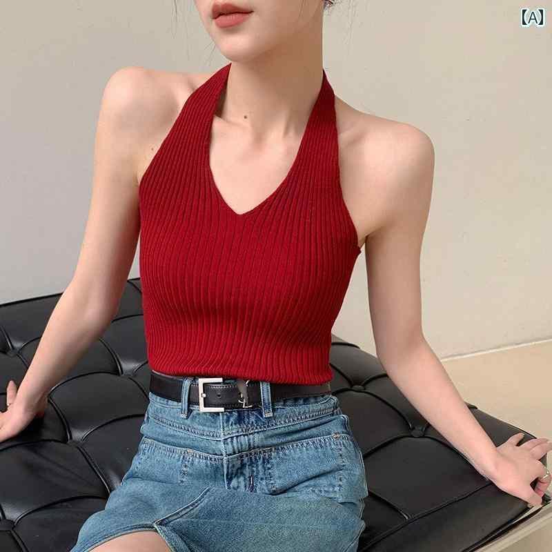 ホルターネック レディース トップス ホルターネック レディース トップス JWUNIQUE レッド ノースリーブ ホルターネック ニット ベスト レディース 夏 2025 セクシー バックレス クロ
