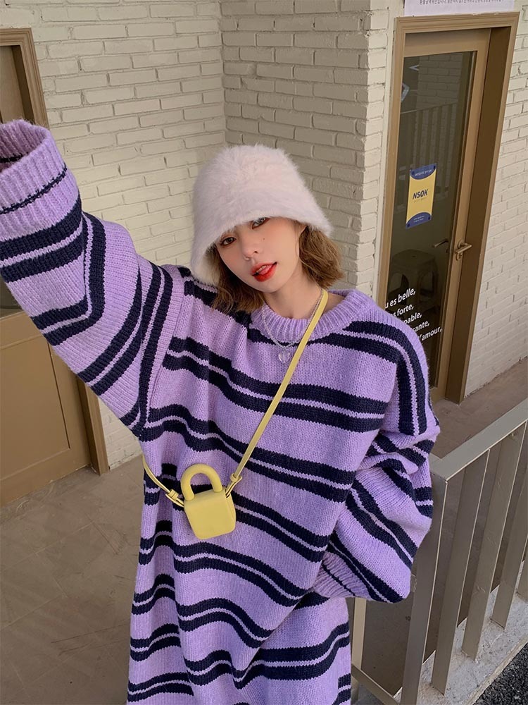 ストライプロングセーターワンピース レディース ストライプ 長袖 ニットワンピース ニット セーター ワンピース ドレス 韓国ファッション ルーズ 秋冬 ２カラー C250