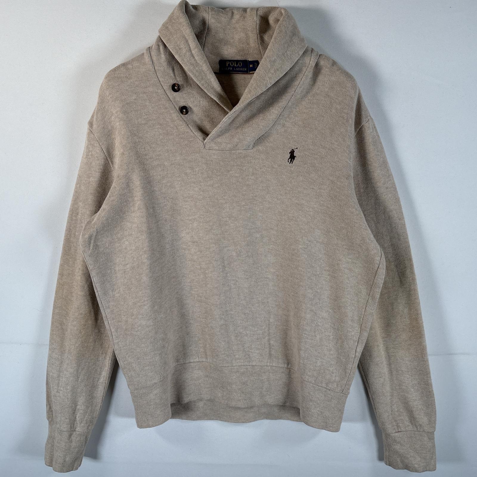 古着 ショールカラーニット プルオーバー ワンポイントロゴ刺繍 エルボーパッチ M ベージュ系 メンズ