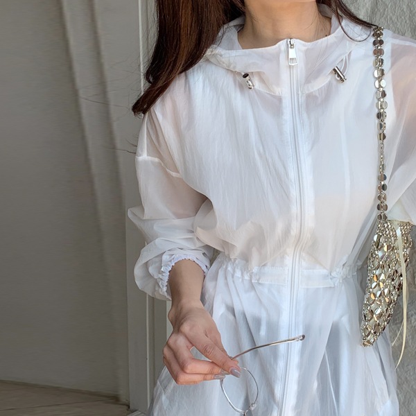 韓国ファッション ウエスト ストリング サマー フード シースルー ウィンドブレーカー ジャンパー