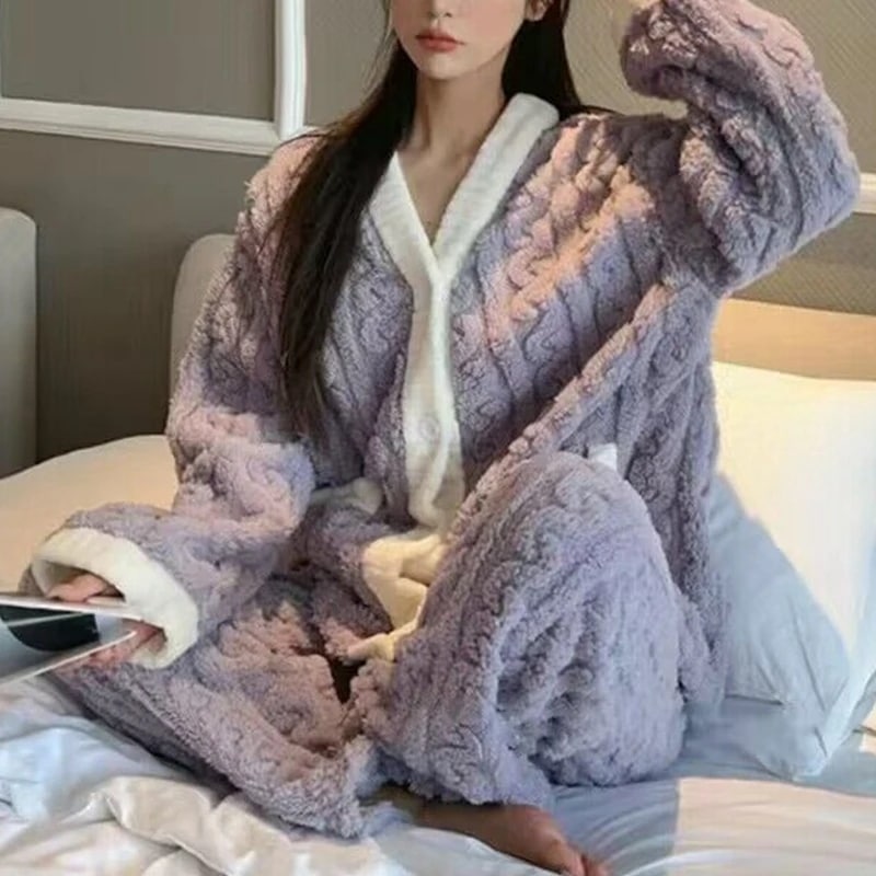 女性用ストロベリープリントパジャマセット,ベルベットパジャマ,暖かいナイトウェア,ふわふわの家庭用スーツ,冬用フリーススリープスーツ,韓国語,2個 B-Gray one size