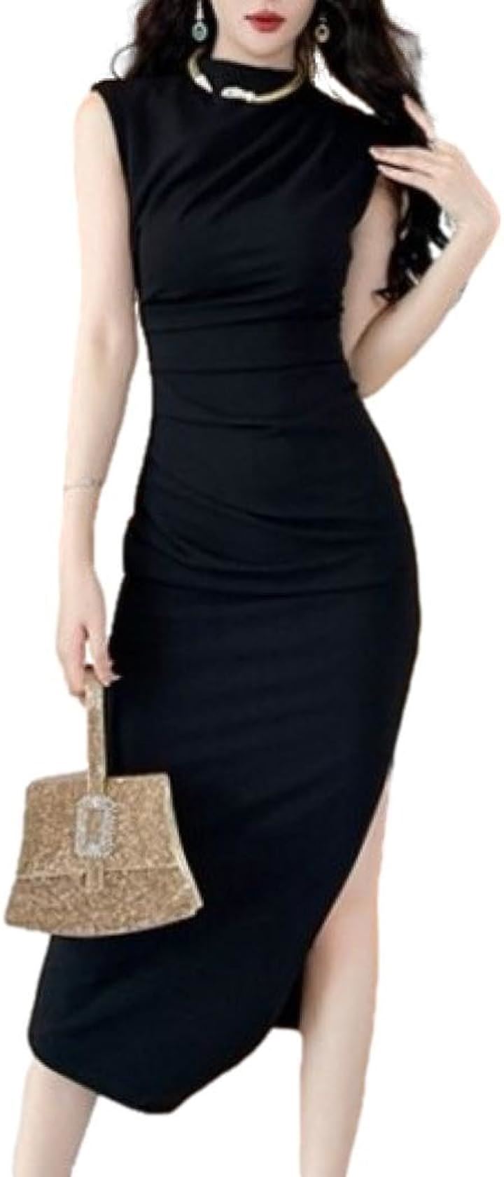 ロング スリット ワンピース ギャザー マキシ イブニングドレス クルーネック ノースリーブ ウエストマーク レディース E90( ブラック, L)