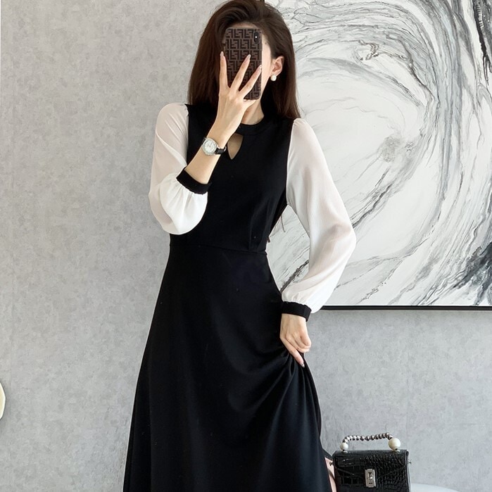 ワンピース ミモレ丈ワンピース ワンピースドレス ミモレ丈 長袖 シースルー セミフレア ウエストマーク かわいい 大人可愛い きれいめ シンプル 上品 おしゃれ かっこいい レトロ こなれ感 個性的