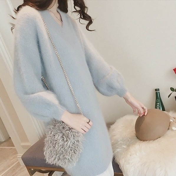 1908.ふわふわニットワンピース（グレー）2019 春夏 sale ドレス タイト Vネック 長袖 ミディアム エレガント お呼ばれ パーティー 女子会 レストラン デート