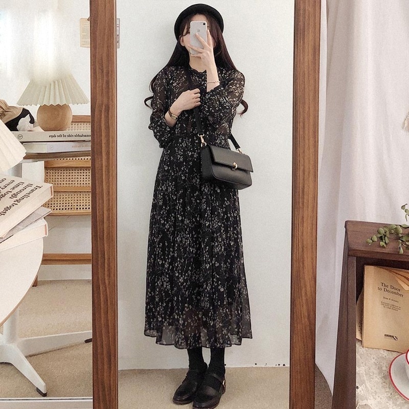 ワンピース ドレス ロング丈 Aライン 袖あり パフスリーブ シースルー 長袖 ラウンドネック スリム 細身 ブラック グレー 個性的 花柄 春 秋 デート お出かけ レディース 女性用 20代