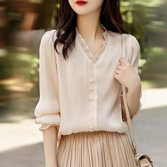トップス ブラウス 袖あり 長袖 Vネック レディース 個性的 フリル 前開き 透け感 薄手 かわいい 大人 可愛い きれいめ シンプル 上品 おしゃれ 大人女子 こなれ感 10代 20代 通勤