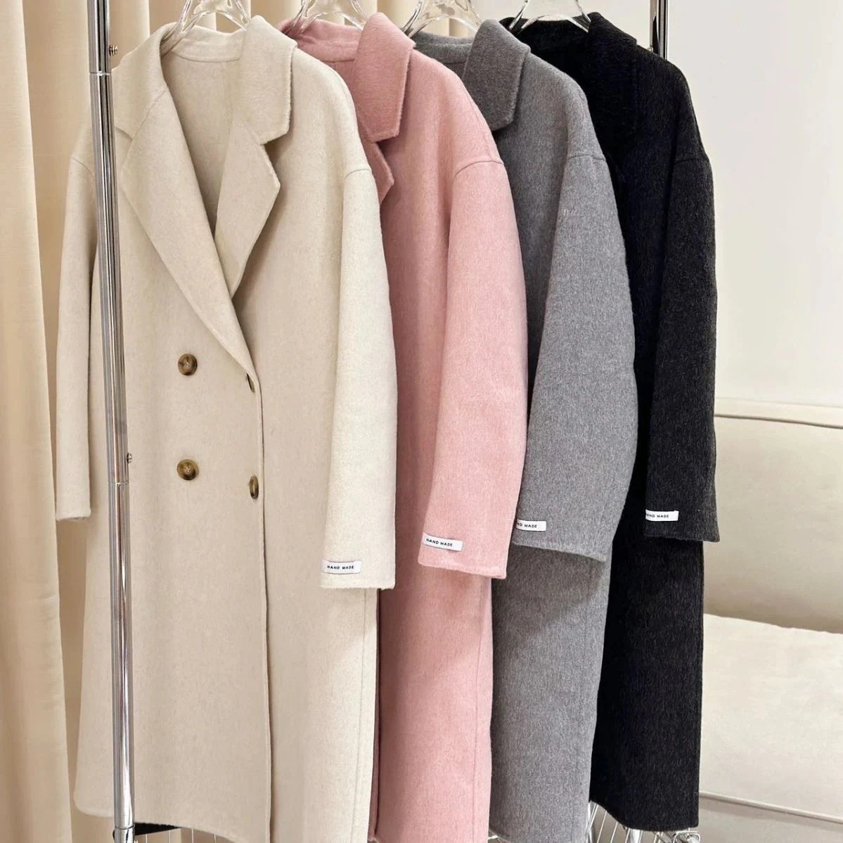 秋冬新作ロングヘア両面ウールコートミドル丈ラグランスリーブドロップショルダールーズスタイル韓国風怠け者風アウターレディース