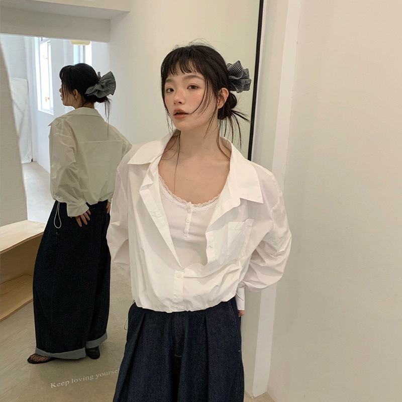 Neihe Neihe Neihe Design Sense Plaidシャツスプライスされたシャツニットニットニットシャツフェイク2ピースセットセットレディース252178