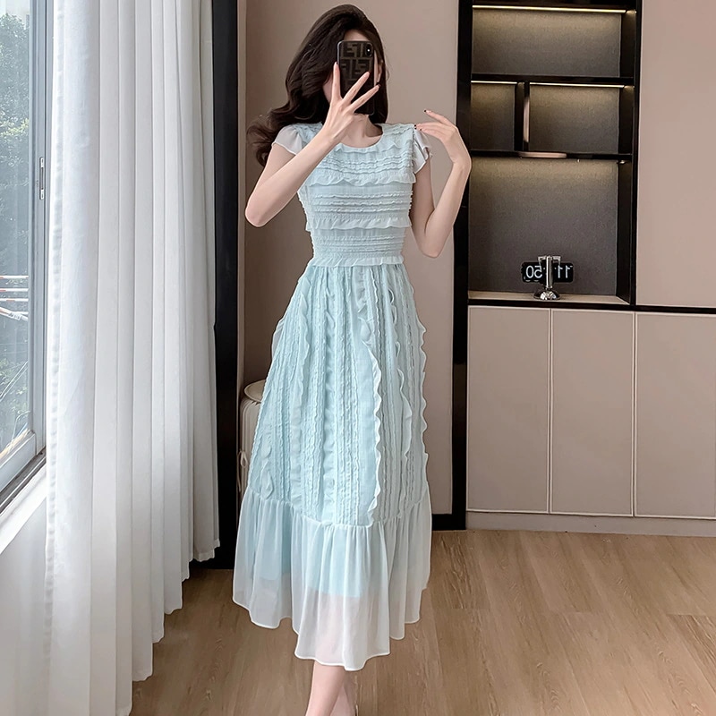 2024 レディース ブルー 春夏 気質 ギャザー フリル ウエスト引き締め Aライン 修身 着痩せ 脚長効果 ワンピース レディース ロングスカート