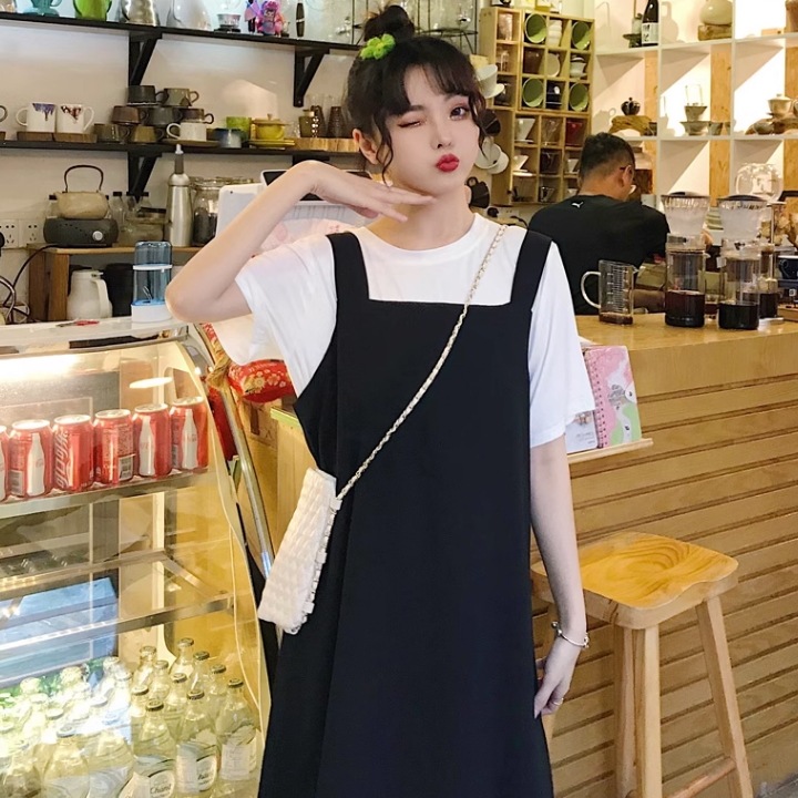 トップス ワンピース Tシャツ プルオーバー ジャンパースカート ジャンスカ ミモレ丈 袖あり 半袖 5分袖 ラウンドネック スクエアネック Iライン ファスナー 2点セット 大人可愛い カジュアル