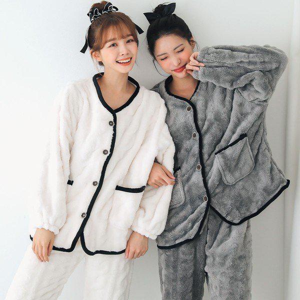 ラオン睡眠パジャマ ツーピース ファーパジャマ 女性 冬 ホームウェア 上下セット 3色_P313941667