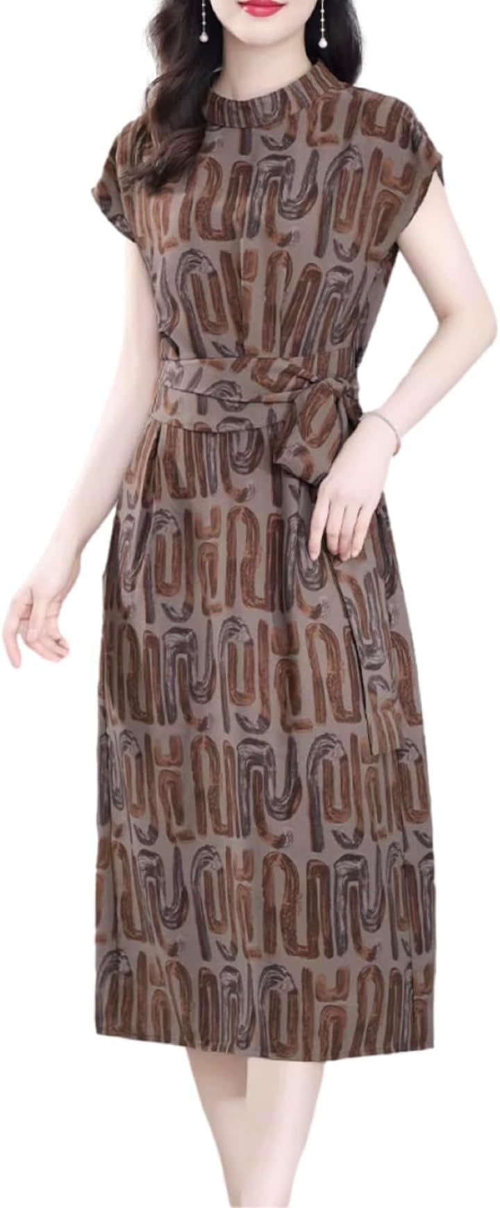 ワンピース レディース 春 夏 秋 膝下 丈 きれいめ フレンチスリーブ アート柄 BN233( ブラウン, L)