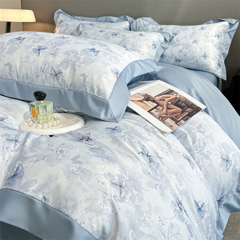 夏のアイスシルク4ピースセットサマースタイル夏の洗濯シルクキルトカバーベッドシート寮の寝具4