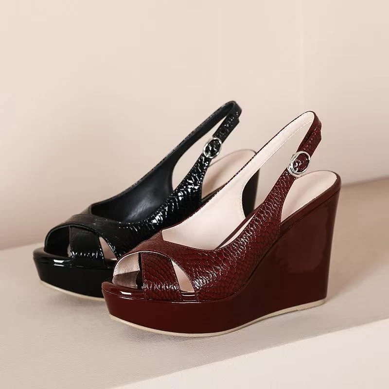 サンダル ブルゴーニュ 魚の口 スロープヒール サンダル 女性 厚底 夏のハイヒール