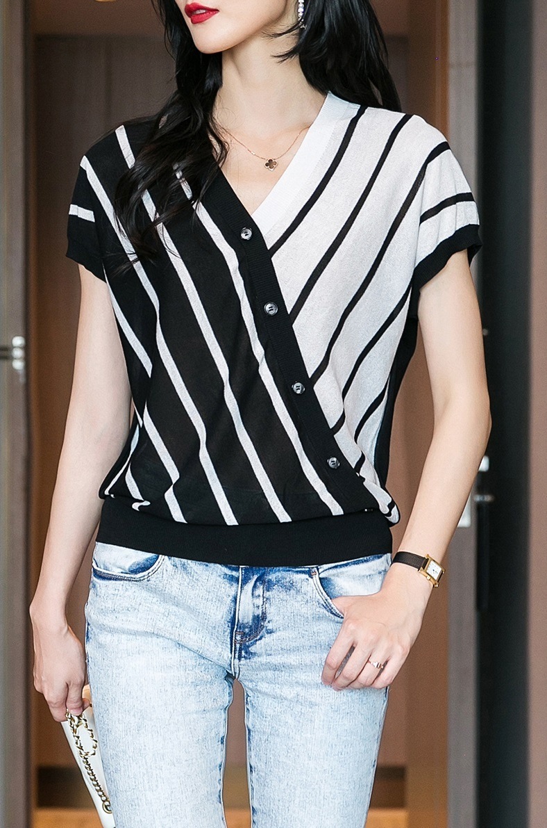 夏 カジュアル レディース 斜めストライプ シンプル Vネック 半袖 Tシャツ ゆったり 外国風 セーター トップ ブラック ネイビー M L XL XXL トップス 袖あり かわいい 大人可愛い