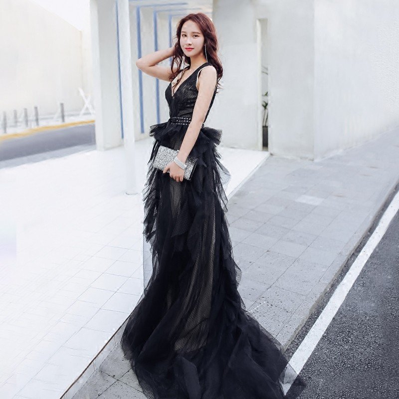 ロングドレス 花嫁 カラードレス 黒 演奏会 イブニングドレス ウエディングドレス パーティードレス