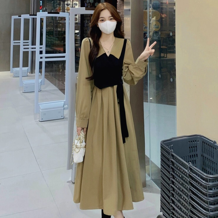 ワンピース レディース ロングスカート フレアスカート フレアワンピース ワンピドレス 膝下 ミモレ ミモレ丈 ミディアム丈 長袖 ボリューム袖 Vネック フレア Aライン ウエストリボン