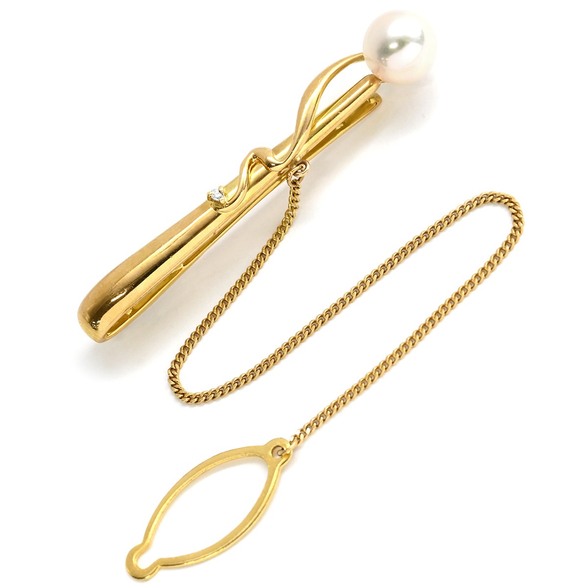 タイピン パール 7.5mm ダイヤモンド パールホワイトXイエローゴールド 真珠 あこやパール 1粒 タイバー 【中古】