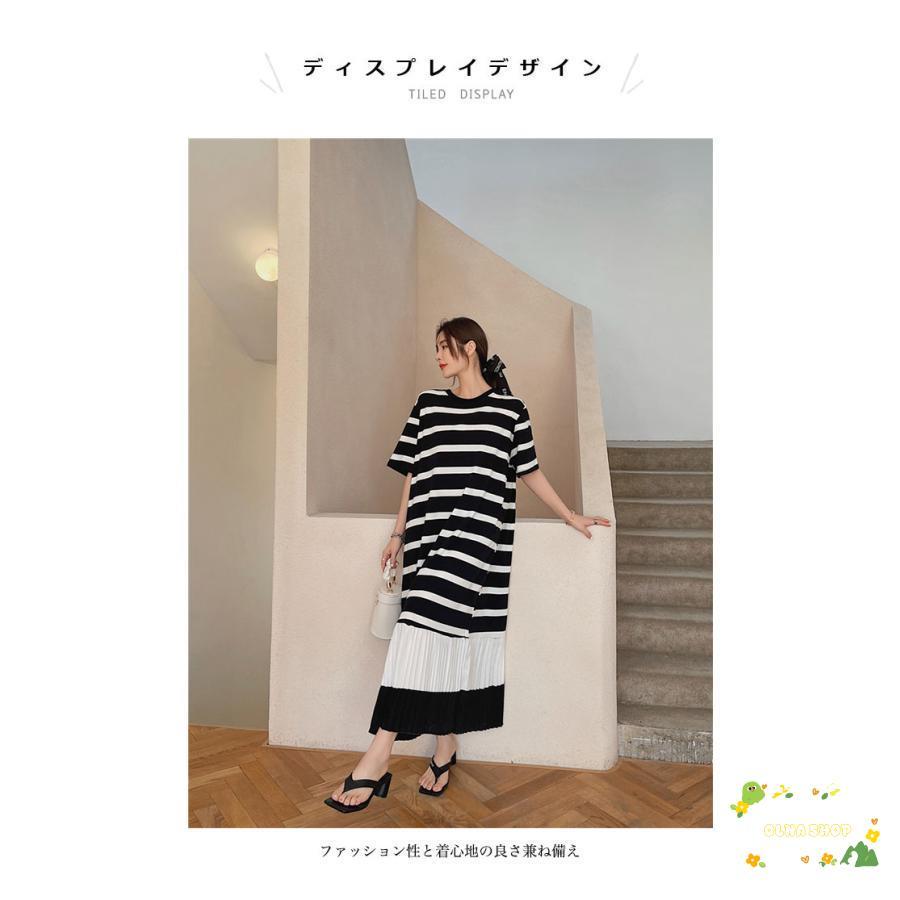 半袖 Tシャツワンピース 夏 レディース ボーダー ワンピース Aライン 半袖ワンピース プリーツ 体型カバー ロングワンピ マキシ丈