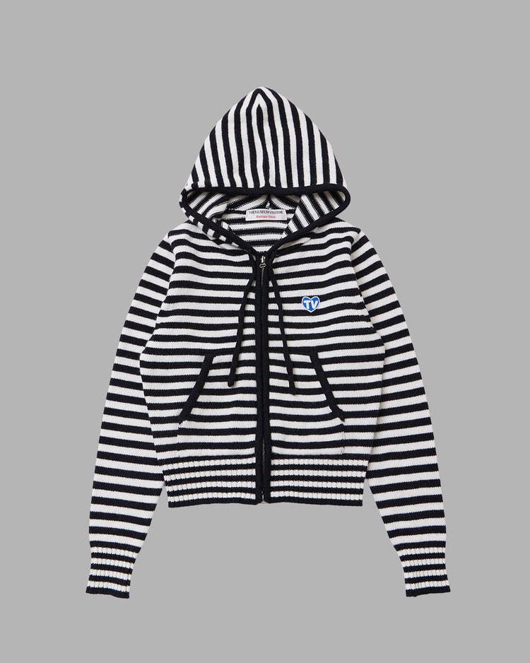 【THE MUSEUM VISITOR】 TV HEART LOGO STRIPE ZIP-UP HOODY : BLACK