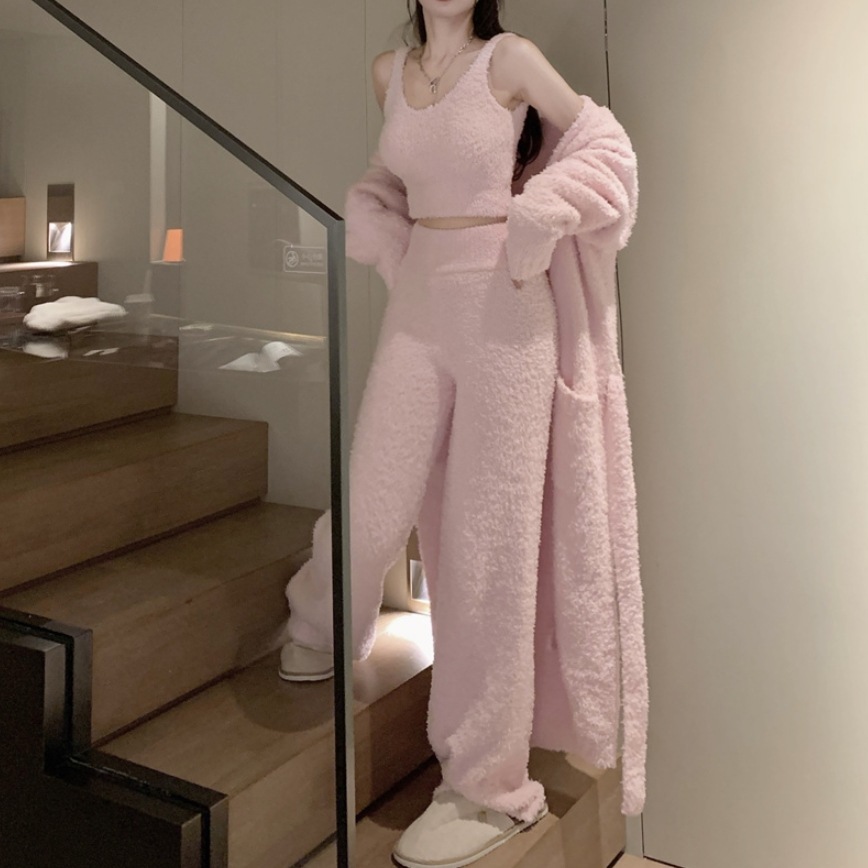 セットアップ レディース トップス ボトムス ノースリーブ クロップド クロップド丈 ショート ショート丈 パンツ ワイド ロング ロング丈 ウエストゴム ふわふわ モコモコ ルームウェア 部屋着