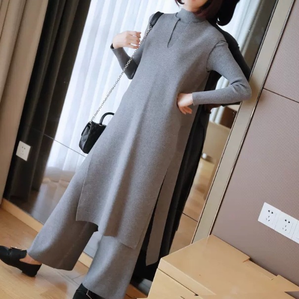 セットアップ ノースリーブ ドロップショルダー 襟なし キーネック デザイン オーバーサイズ ビッグシルエット 美ライン ニュアンス ウエストゴム 編み込み ストレッチ ニット 2点セット