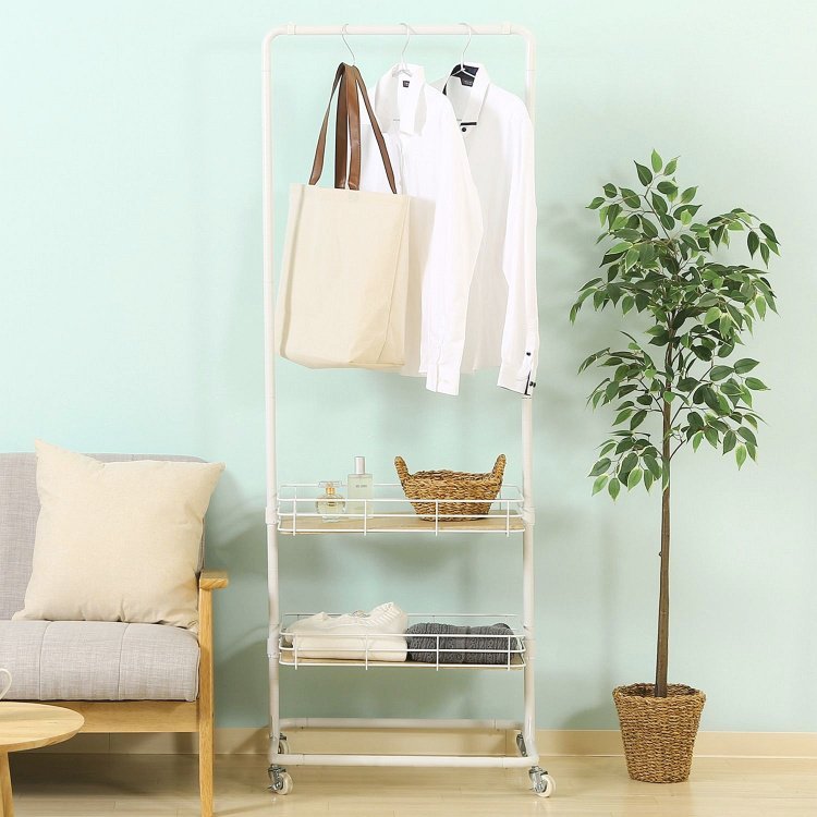 ハンガーラック おしゃれ 棚付き キャスター付き 幅60×奥行45×高さ167cm ホワイト