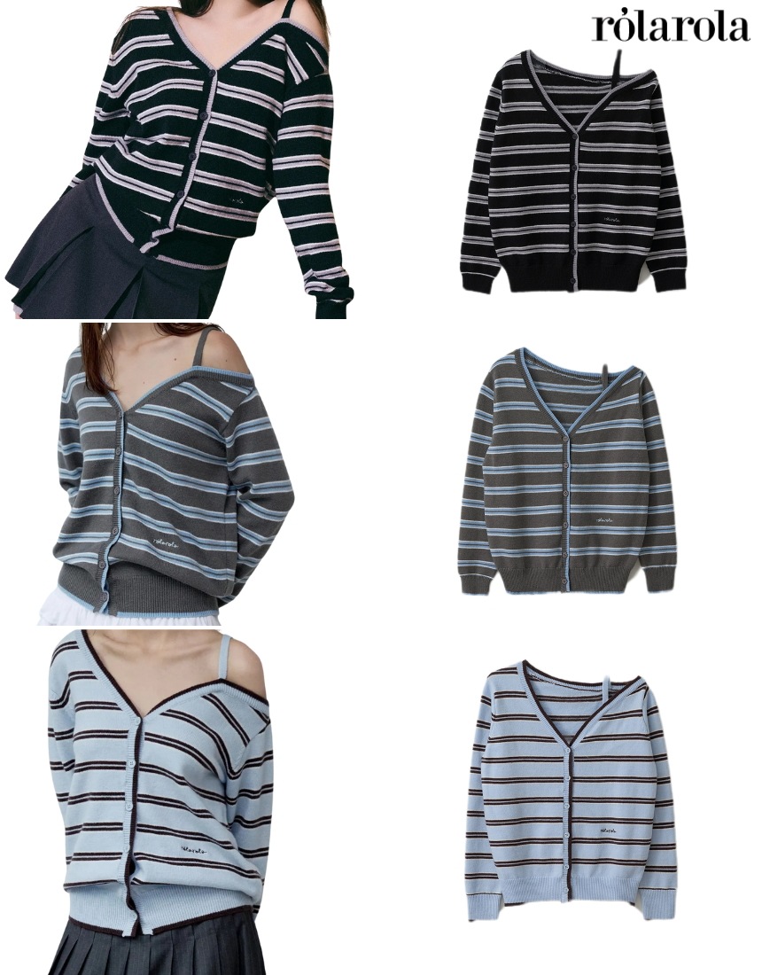韓国限定 韓国人気アイドル 着用 流行 ファッショントレンド 女性上着 長袖ONE OFF SHOULDER STRIPE CARDIGAN(3カラー)