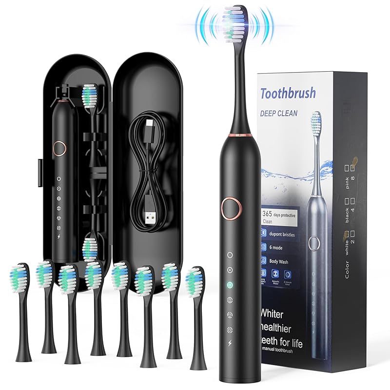 電動ハブラシ 音波式 電動歯ブラシ横振り 歯ブラシ IPX7防水 6モード音波歯ブラシ 替えブラシ8本付 USB充電 収納ケース付き 携帯便利 旅行 低騒音 506B-D