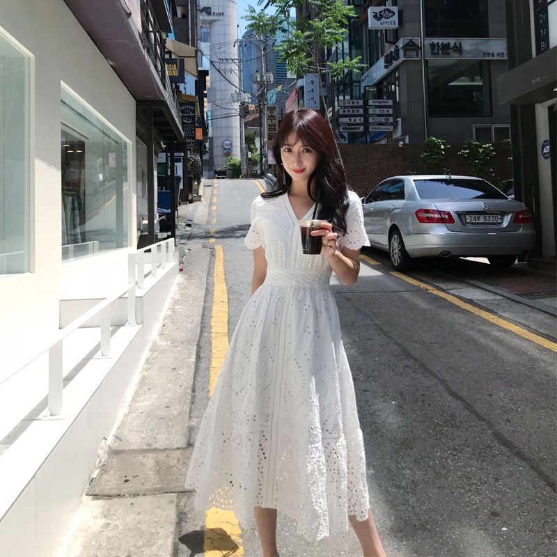 Vネックワンピース パンチングレース 半袖ワンピース ロングワンピ ドレス 韓国 オルチャン ワンピース ドレス レディース a1450