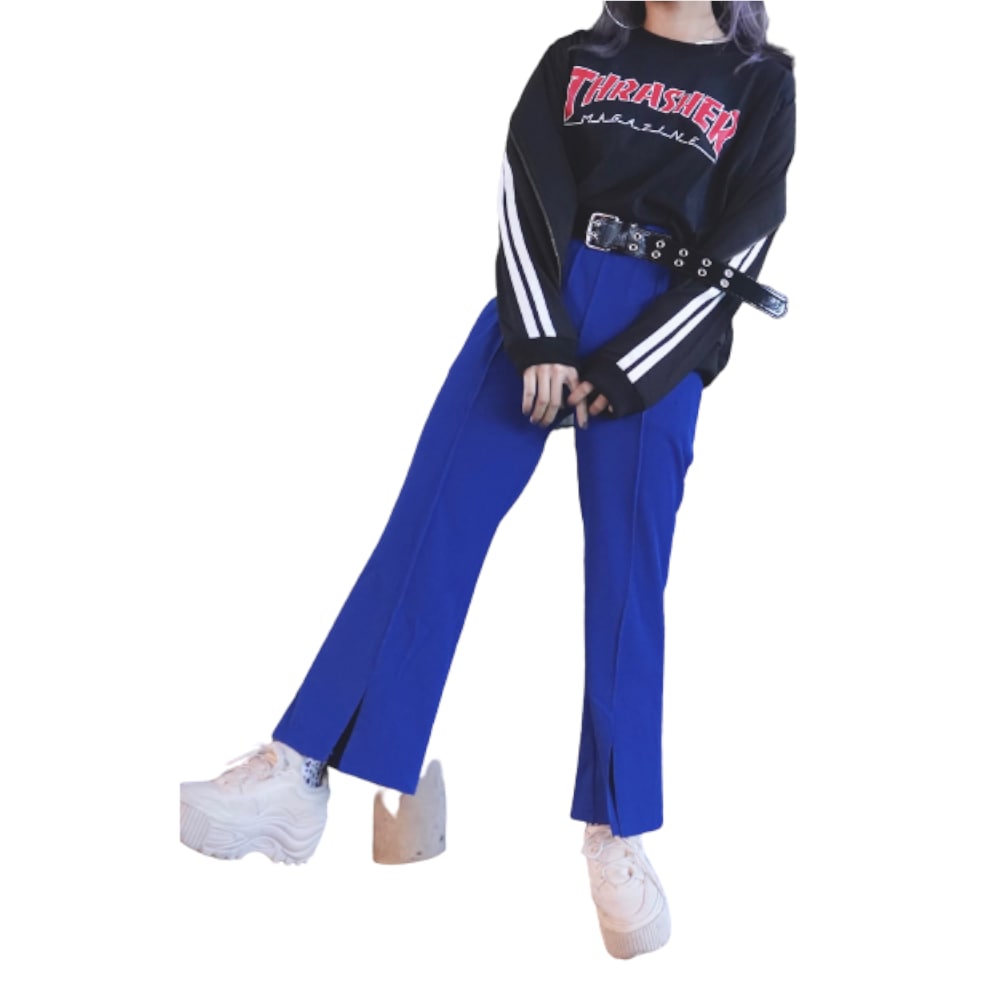 Slit Flare Rib Pants (blue) A,D,G レディース