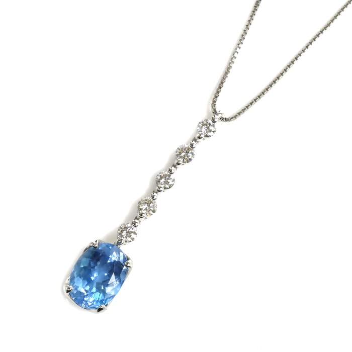 Pt900プラチナ Pt850プラチナ ネックレス アクアマリン3.40ct ダイヤモンド0.64ct 9.0g -45cm フリーチェーン レディース 中古