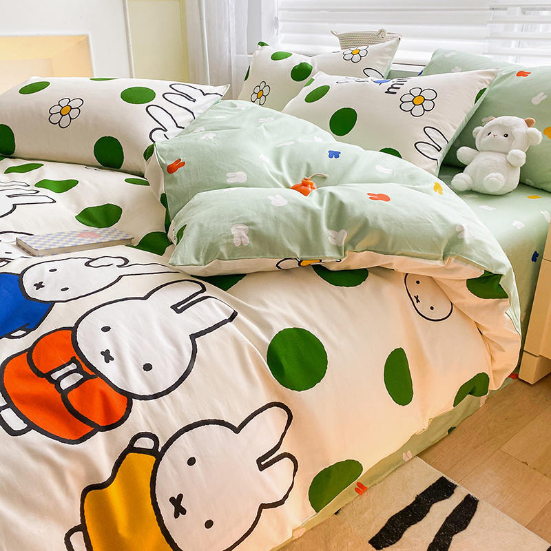 ミッフィーウサギの純綿漫画ベッドセット 3 または 4 ピース綿 100% プリントかわいいスタイルベッドシーツキルトカバー