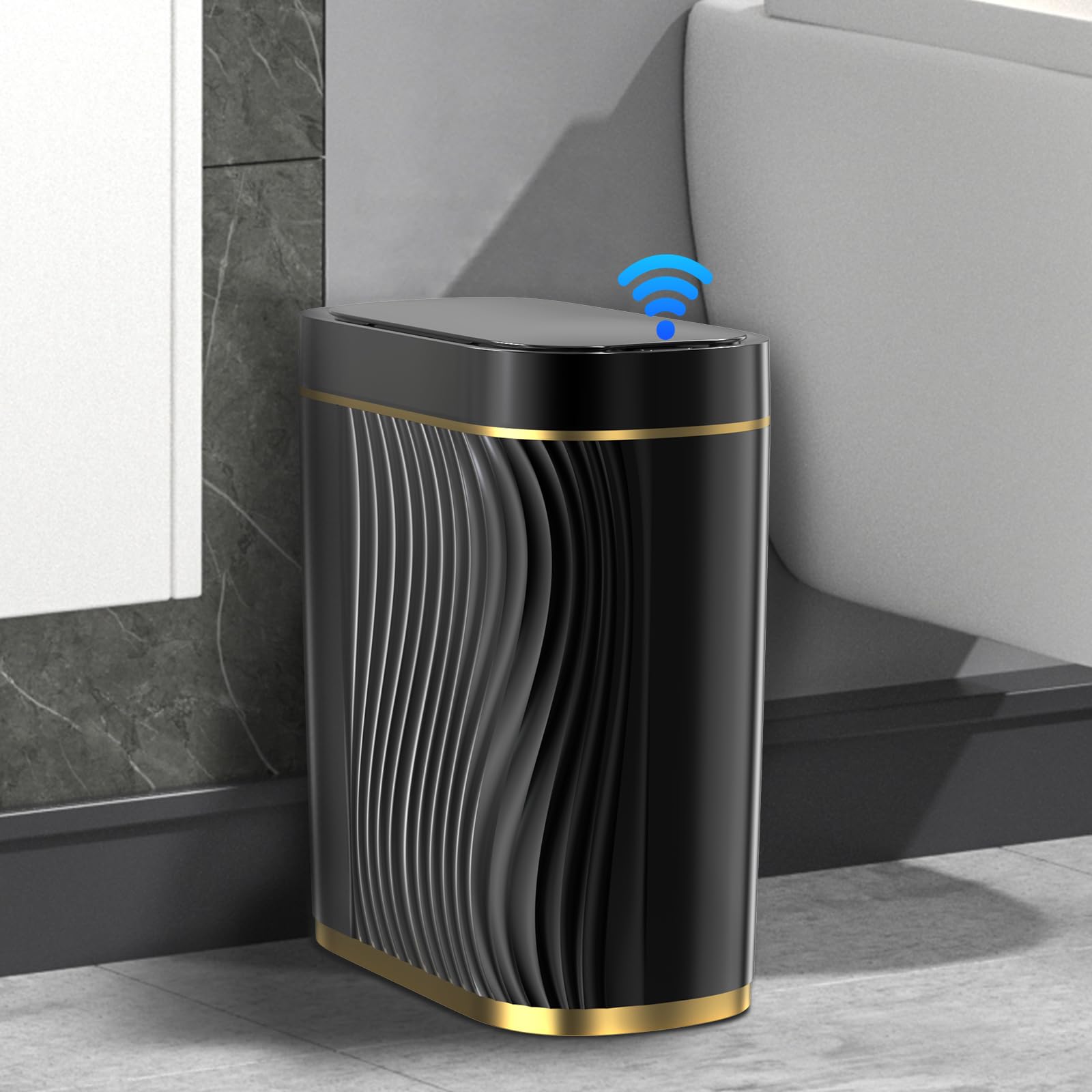 自動ゴミ箱 蓋付き 2ガロン モーションセンサーゴミ箱 タッチレス 小型ゴミ箱 防水 スマートゴミ箱 浴室 寝室 オフィス RV用 (ブラック)
