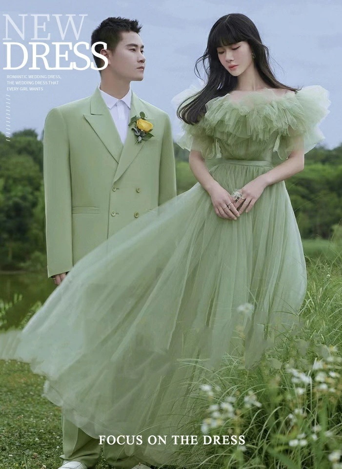 即納 エレガント 上品 きれいめ レディースドレス おしゃれ グリーン 撮影 結婚式 ウェディングドレス 披露宴 宴会 前撮り 後撮り チュールスカート 礼服 ロングドレス スウィート 花嫁ドレス