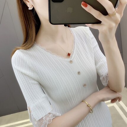 カットソー レディース 半袖 Vネック レース ガーリー フェミニン かわいい 大人可愛い きれいめ 上品 おしゃれ 無地 夏 ママ デート ホワイト アプリコット ピンク ブルー ブラック トップス