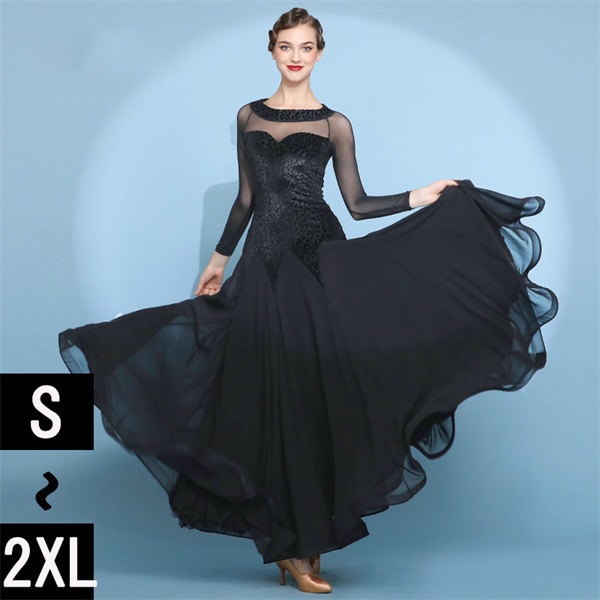 社交ダンス衣装 社交ダンス ドレス スタンダード 社交ダンス衣装 ワンピース タンゴ モダンドレス 黒 大きいサイズ 長袖 社交ダンスドレス 広がる裾 競技着 練習着 演出用 ワルツダンス ダンス衣装
