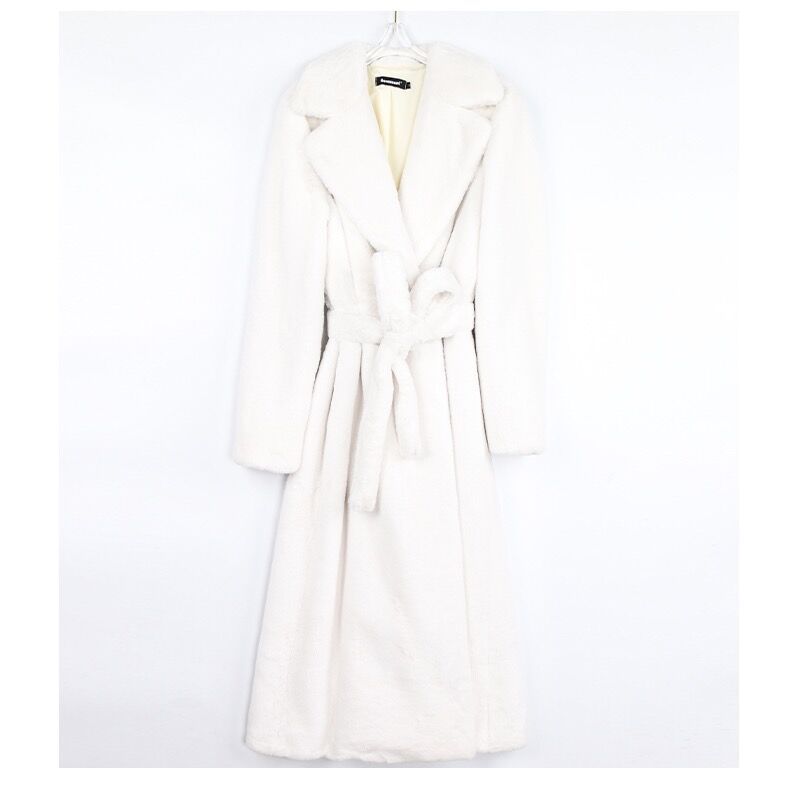 2025秋冬新作韓国風女性用ルーズホワイトフェイクファーコート大きなイミテーションレッキスラビットファー付き長袖ベルト