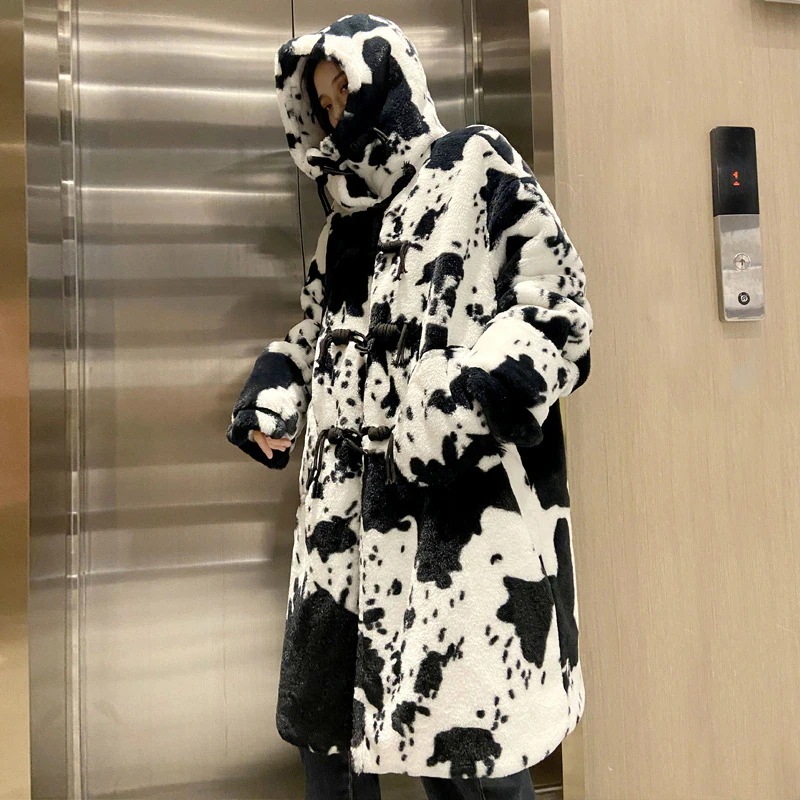 2025ファーコートロング丈 アウター 保温 乳牛柄 ジャケット 厚手 秋 冬 毛皮コート ゆったり トップス