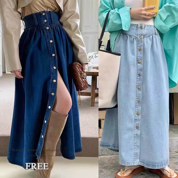 デニムスカート レディース ロング 韓国 春 秋 冬 ロングスカート デニム スカート スリット ロング丈 Aライン ミモレ丈 ボタン カジュアル きれいめ 大人 おしゃれ ハイウエスト セクシー 青