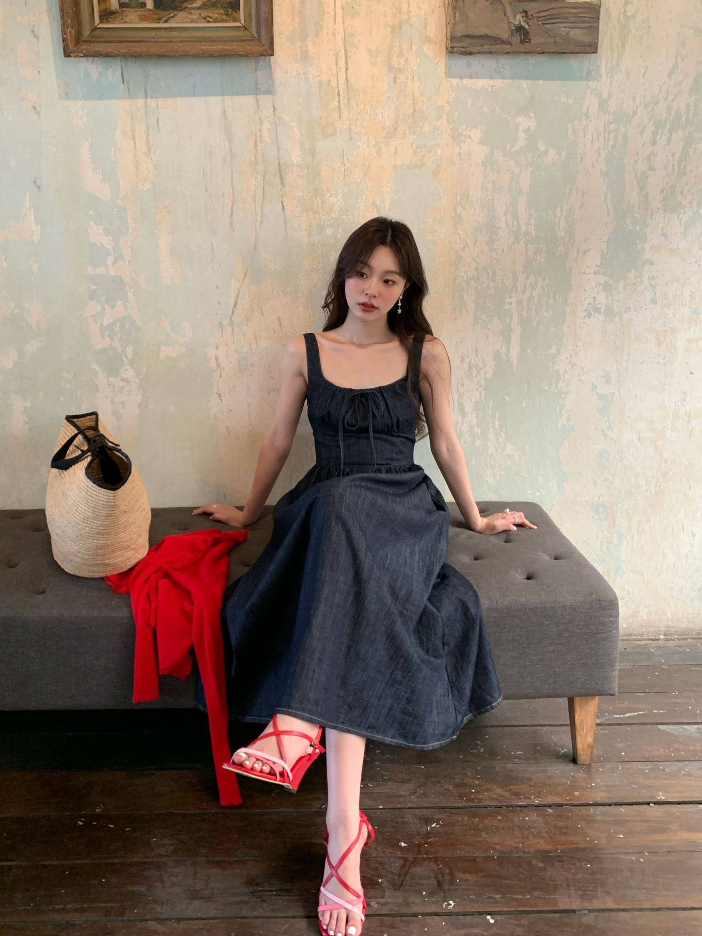 解釈美NEWOPEN 25年夏レトロフレンチデニムスカートノースリーブチョッキキャミソールワンピースレディースs5 377