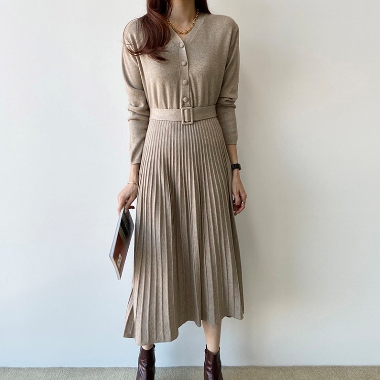 ワンピース ミモレ丈ワンピース ニットワンピース 長袖 Vネック ウエストベルト プリーツスカート かわいい 大人可愛い きれいめ シンプル 上品 おしゃれ かっこいい カジュアル こなれ感 個性的