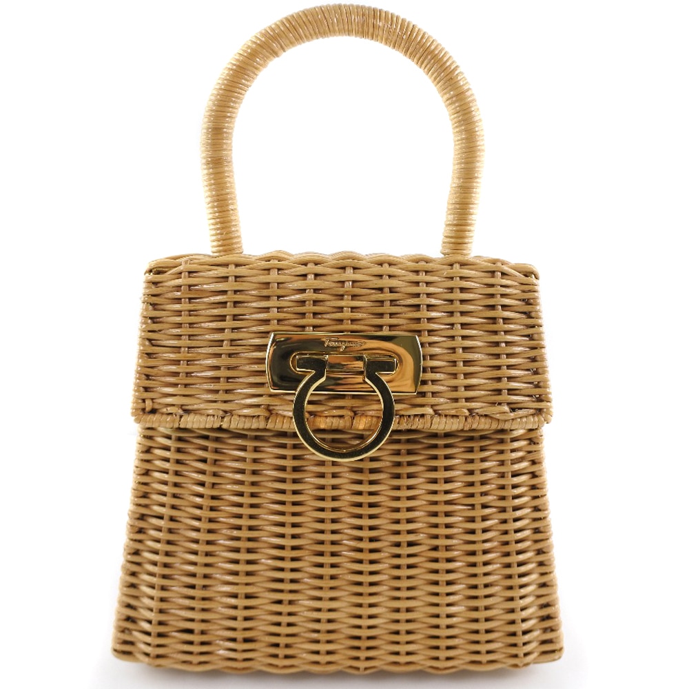 Salvatore Ferragamo サルヴァトーレフェラガモ ガンチーニ DO-216176 ハンドバッグ ストロー ベージュ ユニセックス 中古品