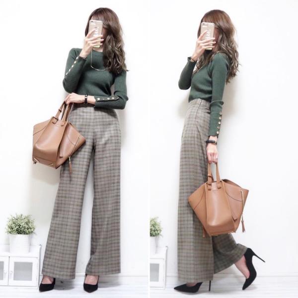 【輝いて超人気】 主役級 ファッション 無地 ラウンドネック ニット パンツ チェック柄 2点セット レディース