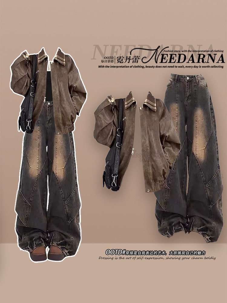 【送料無料】秋の韓国風シックなレザージャケット女性用のスタイリッシュでスタイリッシュなウエスタンデニムスーツパンツの完全セット