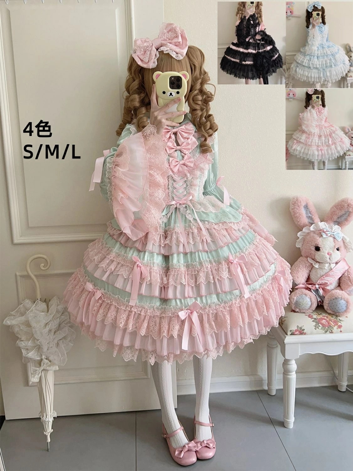 ロリータワンピース 3点セット パニエ 大きい蝶結び 甘ロリ 豪華 お姫風ワンピ 個性的 可愛いロリータ服 長袖ワンピース レース フリル 人形風 ふわふわ コスチューム ゴスロリ コスプレ衣装