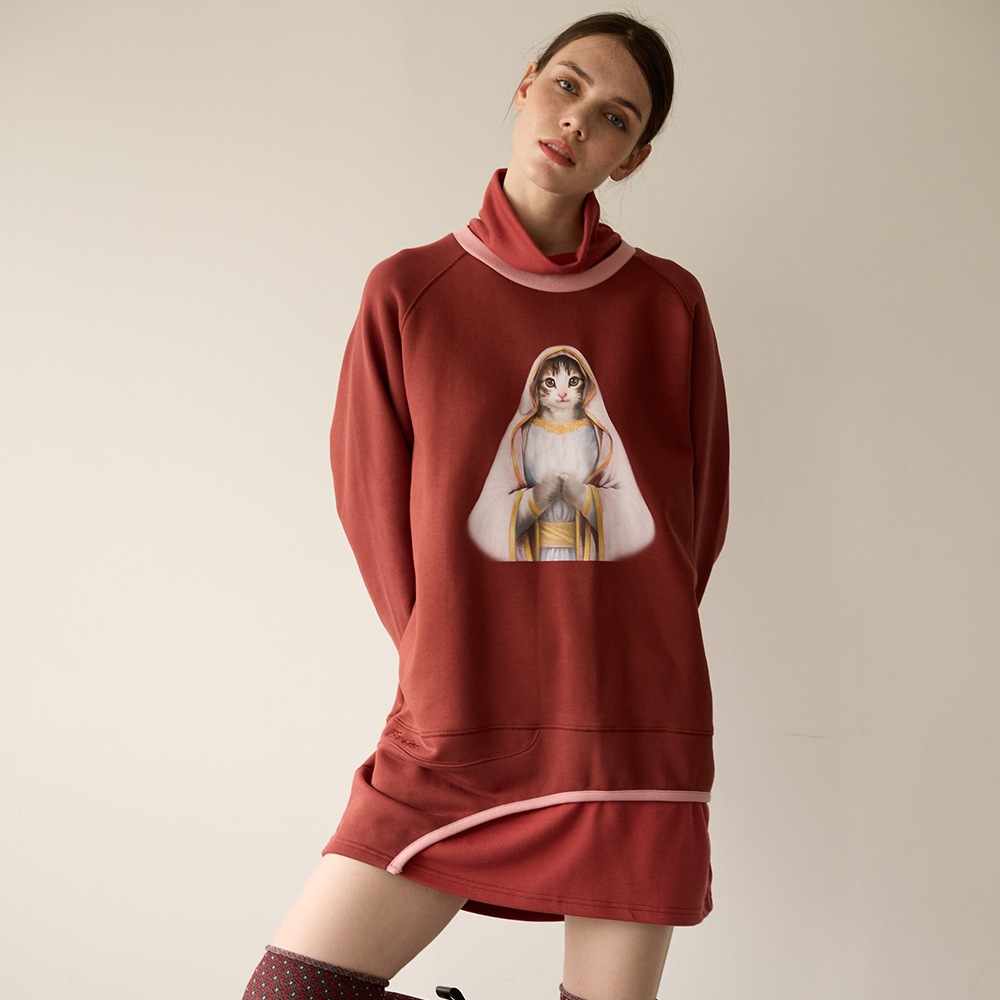 마리아 캣 프린트 에코 리싸이클 쭈리 패브릭 하프터틀 미니 드레스_로즈우드(Rosewood) 14,141円