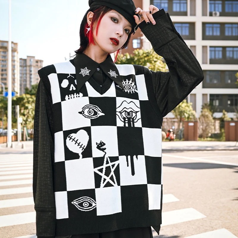 Vネック ベスト ニット レディース トップス オリジナル チェック柄ニット ブロックチェック 黒白